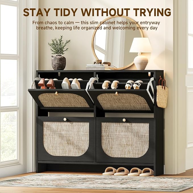 Nicetree Shoe Cabinet Storage for Entryway, Narrow Shoe Organizers with 4 Flip Drawers, Freestanding Large Shoe Rack with 3-Tier Adjustable Shelves for Hallway Entryway Foyer Black