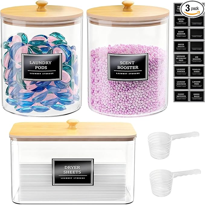 2+1 Pack Glass Laundry Pods Container & Acrylic Dryer Sheet Holder, Clear Laundry Room Organization Containers with Bamboo Lids & Labels, Powder Laundry Detergent Container for Scent Booster, Powder