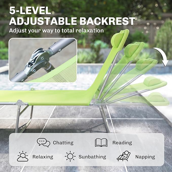 Outsunny Folding Chaise Lounge Pool Chairs, Outdoor Sun Tanning Chairs with Pillow, Reclining Back, Steel Frame & Breathable Mesh for Beach, Yard, Patio, Green