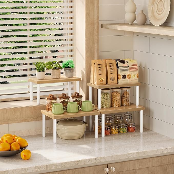HOOBRO Cabinet Organizer Shelf, Set of 4, Kitchen Countertop Organizer, Kitchen Storage, Spice Rack for cabinet, Stackable, Expandable, for Countertop,kitchen,cabinet, White and Natural WN15TLP201