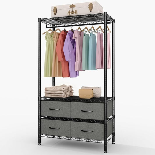 35-Inch Freestanding Garment Rack with Adjustable Shelves and Four Fabric Drawers, Heavy Duty Clothing Organizer for Bedroom, Closet, or Dorm, Black