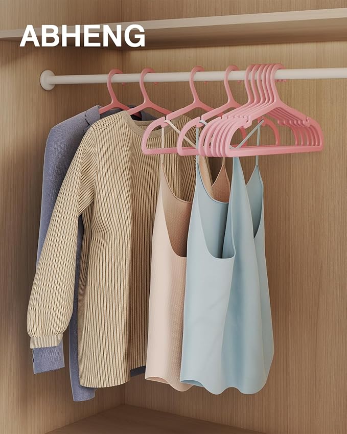 ABHENG 50 Pack Clothes Hangers, Non Slip Plastic Coat Hangers, Space Saving Hangers, Heavy Duty, Hanging Dry Wet Clothes, 16.4" x 8.3", Light Pink, UAPY0550P