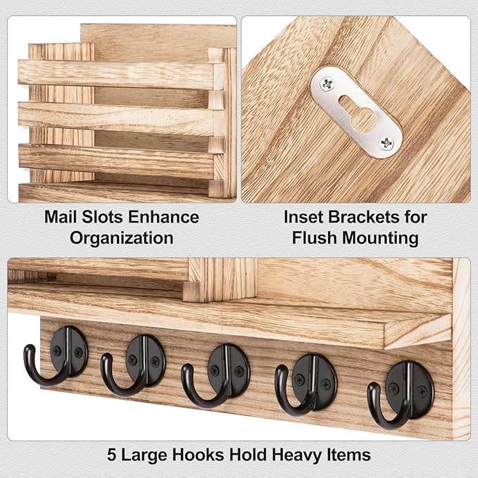 Lwenki Key Holder for Wall – Decorative Wooden Mail Holder and Key Shelf with Mounting Hardware, Installation Guide – Paulownia Wood with Metal Key Hooks (Wood, Large - 11.8inch)