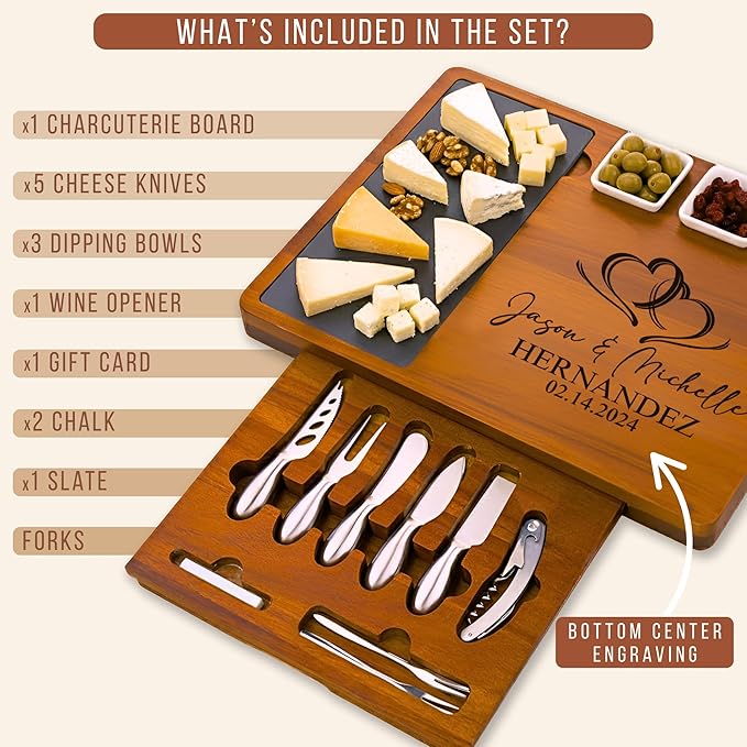 Personalized Charcuterie Board Set with Stainless Steel Knives – Custom Wedding, Bridal Shower, Anniversary, Engagement, Birthday Gift for Her, Women, Mom, Housewarming, Couples, Mother’s Day Gifts