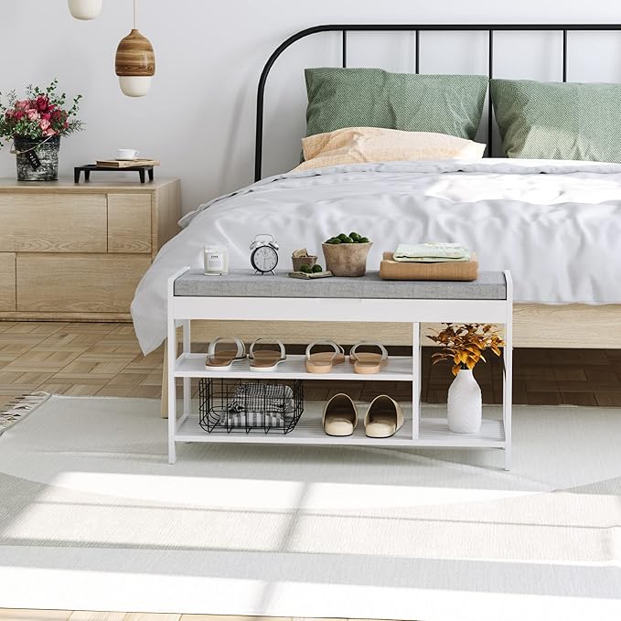 HIFIT 2-Tier Entryway Shoe Rack Bench with Storage, 36 in Bamboo Storage Bench with Padded Seat, Shoe Oiganizer Shelf for Entryway Mudroom Bathroom Hallway, White