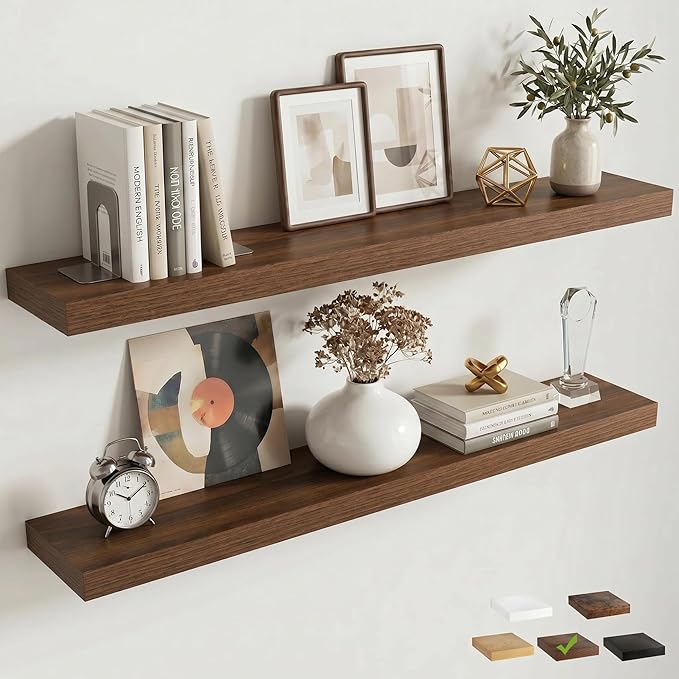 Venusmiles Floating Shelves for Wall, 40 Inch Floating Shelves Set of 2, 6.5" D Wooden Wall Mounted Display Shelves with Invisible Brackets for Living Room, Bedroom, Bathroom, Kitchen Decor, Walnut