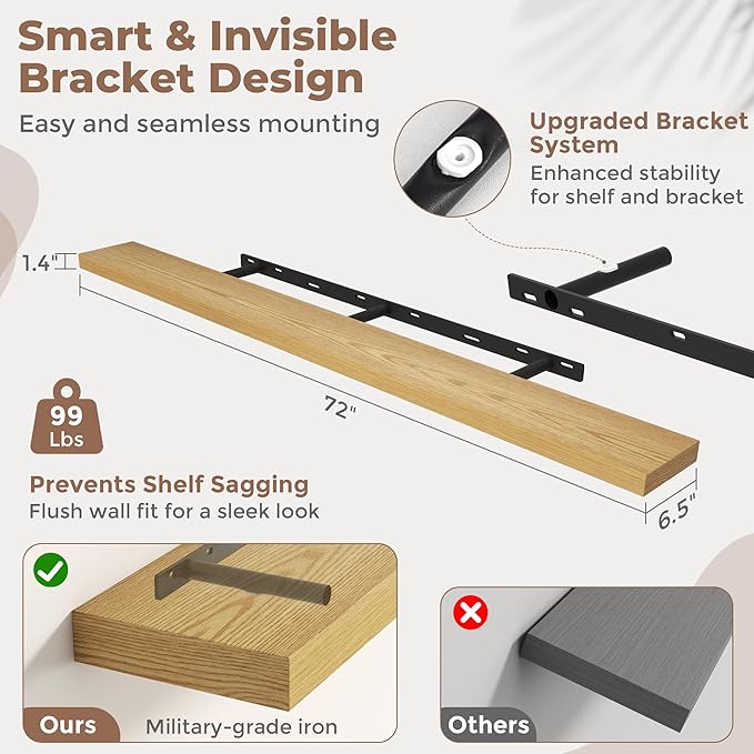 Venusmiles Floating Shelves for Wall, 72 Inch Floating Shelves Set of 1, 6.5" D Wooden Wall Mounted Display Shelves with Invisible Brackets for Living Room, Bedroom, Bathroom, Kitchen Decor, Oak
