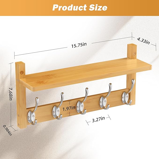 VASMIA Coat Rack Wall Mount with Shelf,Bamboo Wall Shelf with Hooks,Coat Hangers for Entryway,Bathroom, Living Room, Bedroom, Natural