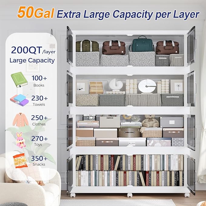 Extra Large Stackable Storage Bins with Lid, 250Gal/1000QT Foldable Collapsible Storage Box with Doors, Wheels and Drawers, Plastic Closet Organizer Container for Kitchen, Bedroom, Dorm, 5Pack