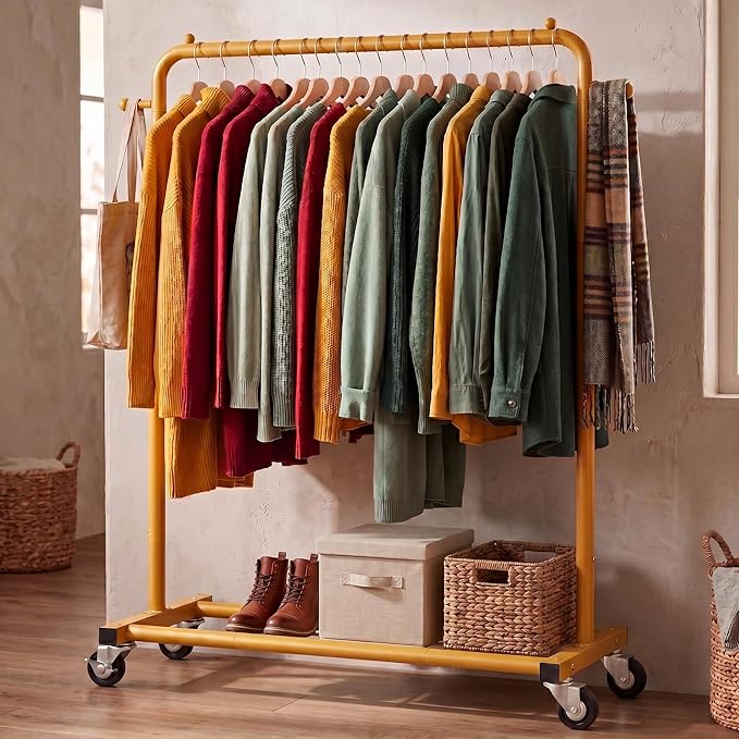 Sywhitta Clothing Rack on Wheels with Storage Shelf & Sturdy Metal Frame, Retail Clothing Rack for Hanging Clothes, Coats,Space-Saving Mobile Organizer for Closet, Bedroom, Laundry Room, Gold Yellow