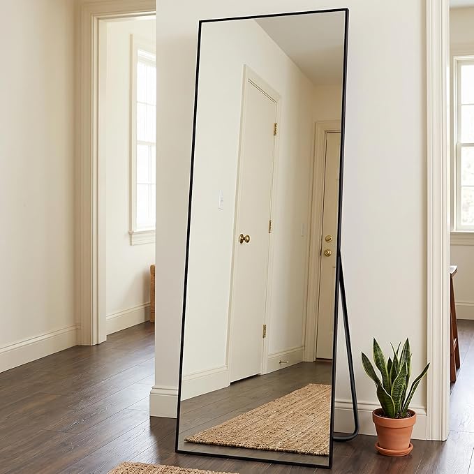BEAUTYPEAK Full Length Mirror, 57"x18" Standing Hanging or Leaning Against Wall Floor Mirrors Body Dressing Wall-Mounted for Living Room, Bedroom with Aluminum Alloy Thin Frame, Black