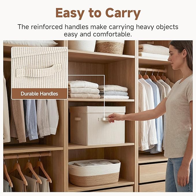 StorageWorks Storage Bins with Lid, Decorative Fabric Storage Bins with Handles, Stackable Closet Organizers for Shelves and Bedroom, Large, Khaki and Beige Stripes, 2-Pack