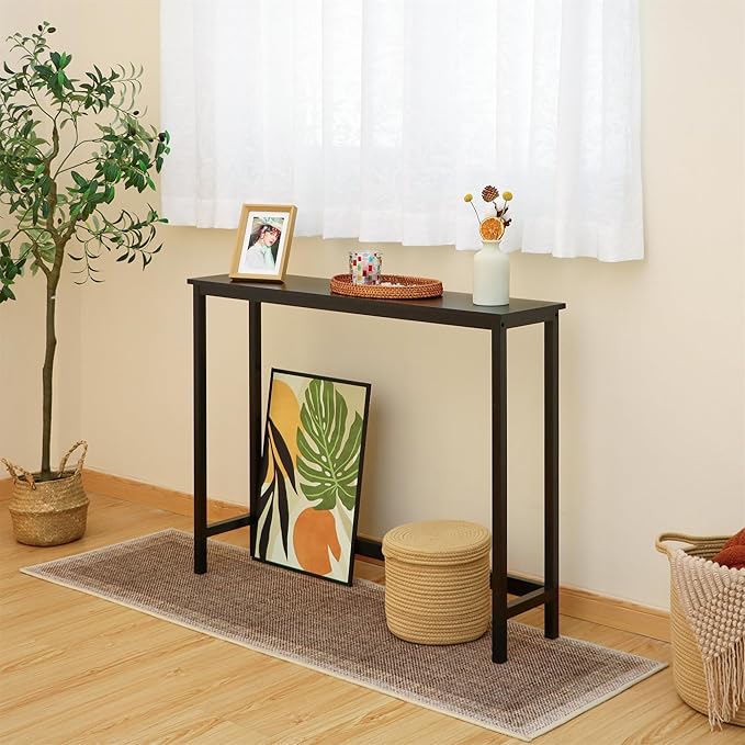 Bamboo Narrow Console Table, 39.4"(L) Wood Small Entryway Table, Accent Slim Hallway Tables, Thin Sofa Side Tables for Hallway, Living Room, Bedroom, Foyer, Black