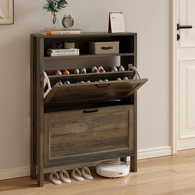 LOUVIXA Shoe Cabinet with 2 Flip Drawers, Narrow Shoe Storage Cabinet, Freestanding Shoe Cabinet Organizer, Hidden Shoe Rack Cabinet for Entryway, Hallway (2-Drawers, Brown/2-drawers)