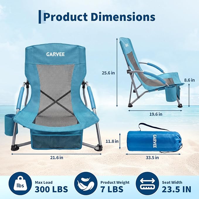 Garvee Low Beach Chair 2 Pack, Folding Portable Beach Chairs for Adults, Lightweight Extra Wide Seat Chair with Cup Holder, Storage Pocket & Carry Bag for Camping, Beach, Travel - 2PC