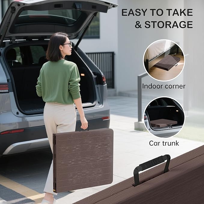VSOAEIL Folding Table 6 Foot for Indoor Outdoor, Portable Heavy Duty Fold-in-Half Utility Plastic Foldable Dining Table with Carrying Handle for Picnic, Camping and Party, Brown