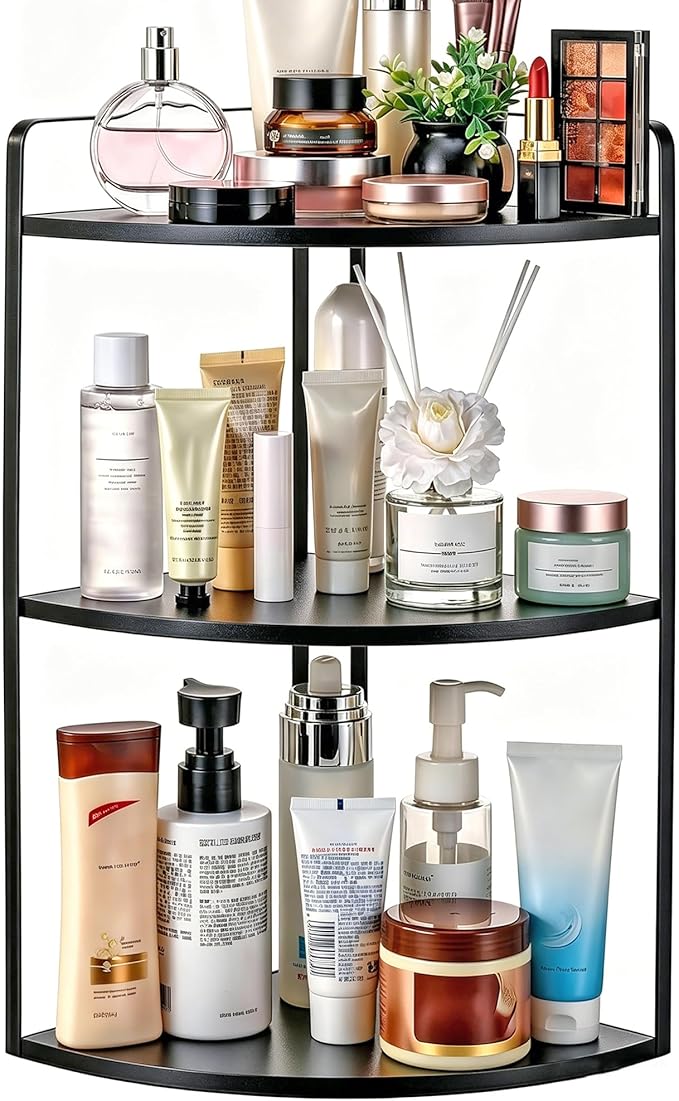 3 Tier Corner Bathroom Counter Organizer, Countertop Organizer, Makeup Organizer Countertop, Bathroom Storage Sink Shelf, Wooden and Metal Counter Shelf (Large Capacity-Black)