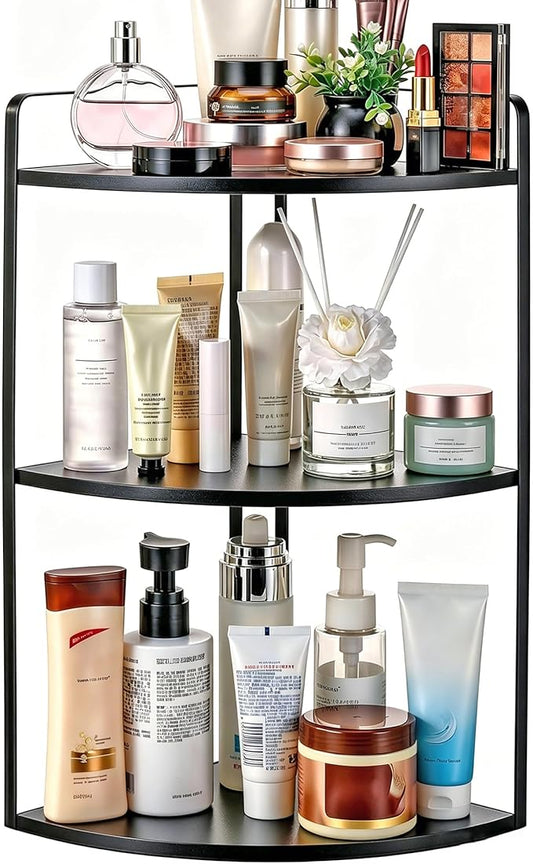 3 Tier Corner Bathroom Counter Organizer, Countertop Organizer, Makeup Organizer Countertop, Bathroom Storage Sink Shelf, Wooden and Metal Counter Shelf (Large Capacity-Black)