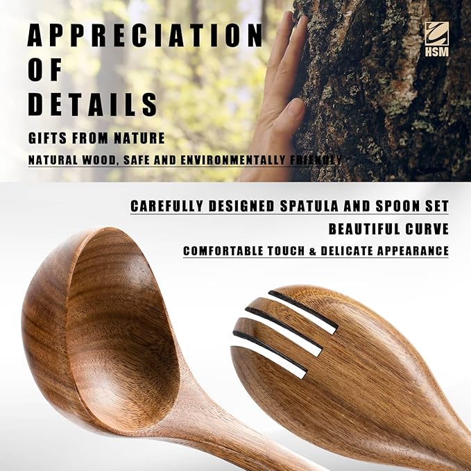 HSM Wooden Spoons for Cooking – 5-Piece Wooden Utensil Set, Non-Stick Safe, Easy-to-Clean Natural Acacia Wood Kitchen Utensils, Ideal for Cooking, Stirring, and Serving at Home