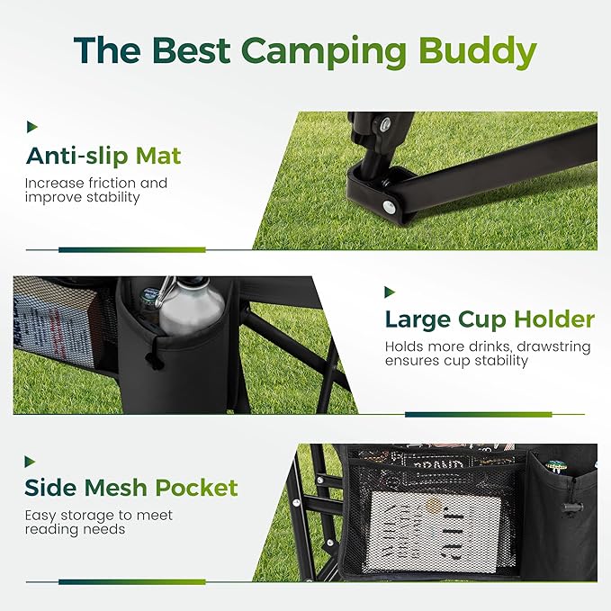 ALPHA CAMP Oversized Folding Camping Chairs for Adults High Backrest Heavy Duty Lawn Chairs Support 500 LBS Portable Camp Chairs with Cup Holders Large Side Pocket Outdoor Chair 2 Pack
