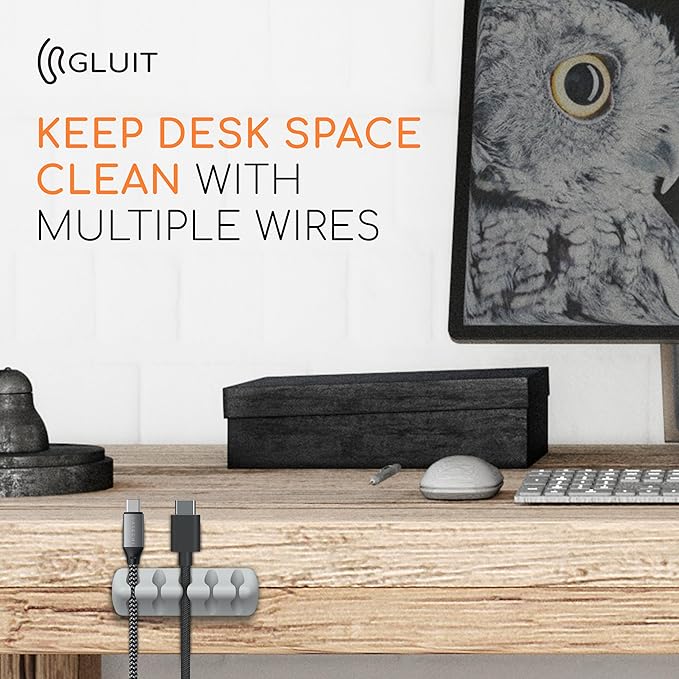 GLUIT Cord Organizer for Desk, Cable Holder for Nightstand, Charger Organizer, Adhesive Desktop Wire Clips, Multislot Cable Management, Table Organizer Accessories - 5 Pack, 15 Slots, Grey