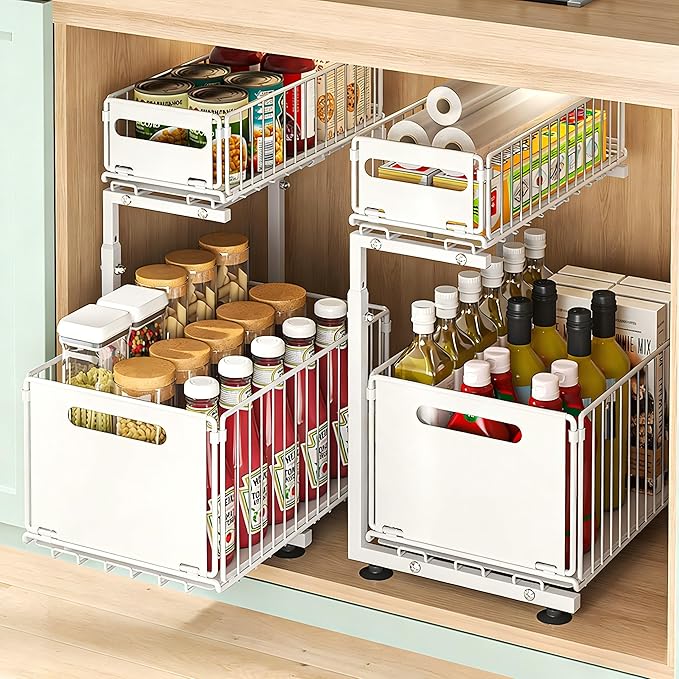 Under Sink Organizer, 2-Tier Multi-Use Kitchen and Bathroom Organizers and Storage, Slide Out Thickened Metal Under The Sink Organizer for Kitchen Bathroom Pantry (Style B White, 1 Pack)