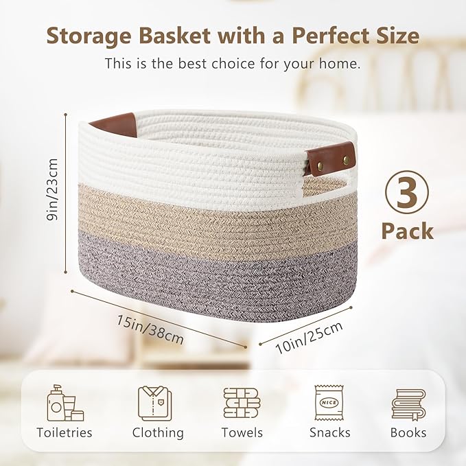 ECDYQXVU Cotton Rope Basket, Storage Baskets with Handle, 15x10x9 Inch Woven Basket for Shelves, Laundry, Towels, Clothes, Books (Gradient Brown 3 Pack)