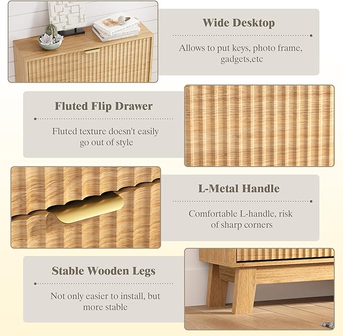 HUANLEGO Shoe Cabinet Storage for Entryway with 2 Flip Drawers, Fluted Narrow Shoe Organizer with Wooden Legs, Freestanding Slim Shoe Storage Hidden Shoe Rack Organizer for Front Door Entrance, Oak