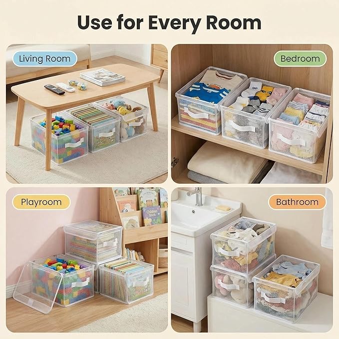 3-Pack Clear Toy Storage Baskets, Kids Room Organizer Bins with Handles, Foldable Closet Storage Containers for Nursery, Clothes, Toys, 11.8 x 9.45 x 6.7 in