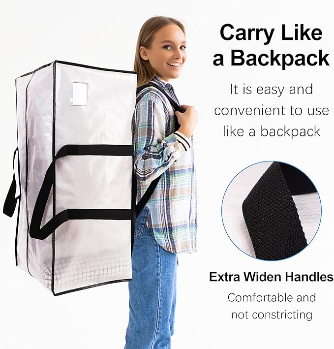 VELVETSURE 12 Pack Heavy Duty Large Moving Bags W/Backpack Straps - Strong Handles & Zippers, Storage Totes For Space Saving, Fold Flat, Alternative to Moving Box and Storage Bin, Semi-Transparent
