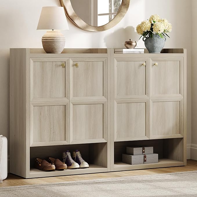 SICOTAS Shoe Cabinet Storage for Entryway - 48-Pair Shoe Cabinets with Doors and Adjustable Shelves, Farmhouse Large 7-Tier Shoes Storage Cabinet for Mudroom Closet Hallway, Grey White Oak, 2PCS
