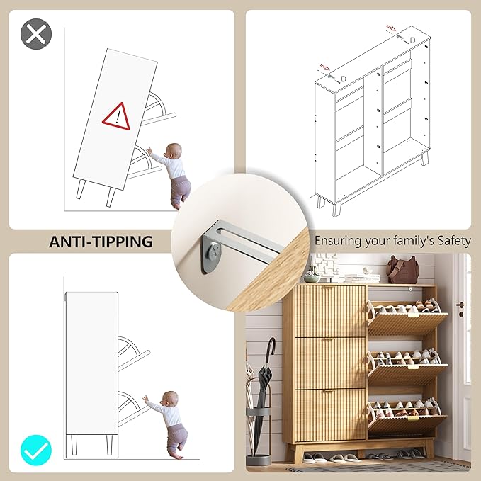 HUANLEGO Shoe Cabinet Storage for Entryway with 6 Flip Drawers, Fluted Narrow Shoe Organizer with Wooden Legs, Freestanding Slim Shoe Storage Hidden Shoe Rack Organizer for Front Door Entrance, Oak