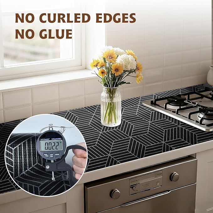 Shelf Liners for Kitchen Cabinets 23.6in x 20FT, Non Adhesive Cabinet Liner Strong Non-Slip Black and Silver Geometric Drawer Liner, Easy to Clean for Shelf, Cabinet with Knife and Tape Measure