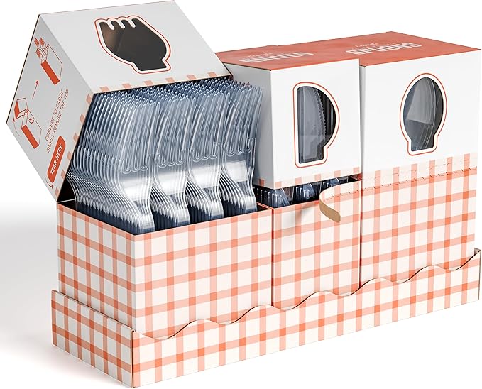 Exquisite Utensil Caddy Organizer with Clear Plastic Forks and Spoons & Knives Gingham Kitchen Utensil Holder for Party with 3 x 100 Plastic Spoons and Forks Disposable Knives Clear Cutlery Set