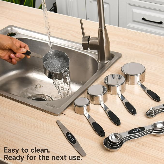 Magnetic Measuring Cups and Spoons Set, Strong N45 Magnets, 304 Stainless Steel, Double-Sided Measuring Spoons, 14-Piece Set with Leveler for Baking & Cooking