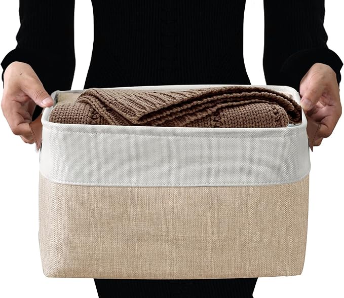 DECOMOMO Storage Bins, Large Fabric Storage Baskets for Shelves, Decorative Linen Closet Organizer, 15 x 11 x 9.5 inches (Beige & White, 3 Pack)