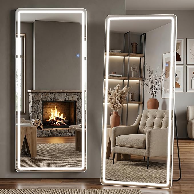 76"x34" Full Length Mirror with LED Lights, Dimmable Lighted Floor Mirror with 3 Color Lighting & Touch Control, Standing Wall Mounted Full Body Mirror, Tempered Glass for Bedroom, White