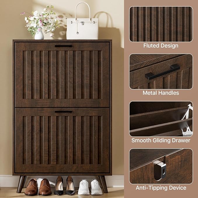 Shoe Storage Cabinet with 2 Flip Drawers, Modern Freestanding Organizer with Adjustable Shelf, Narrow Shoe Rack Cabinet for Entryway, Walnut