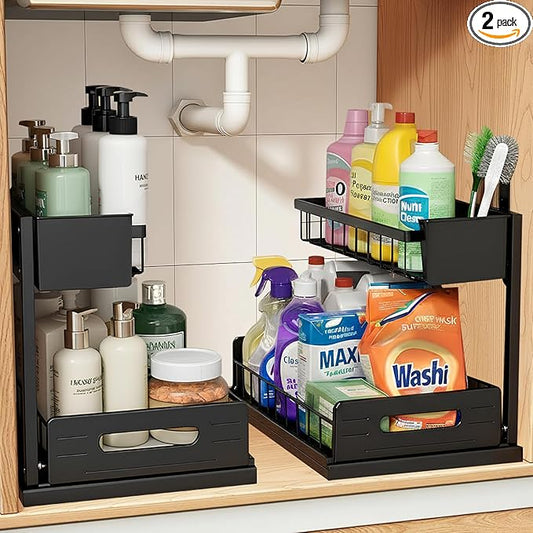 2 Pack Under Sink Organizer, Heavy Duty 2 Tier Slide-Out Storage, Space Saving Cabinet Organizer for Bathroom & Kitchen, Metal Shelf with Brush Holder, Black