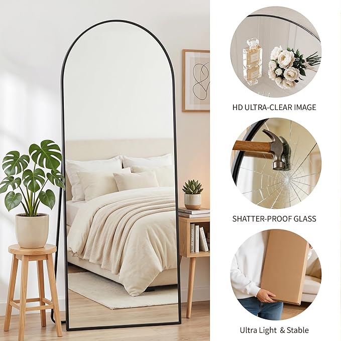 MISSDAY Large Arched Full Length Mirror, 71"x28" Oversized Full Body Mirror with Stand, Floor Mirror Long Free Standing, Leaning or Hanging, Frame Wall-Mounted Mirrors Wall Mirrors for Bedroom, Black