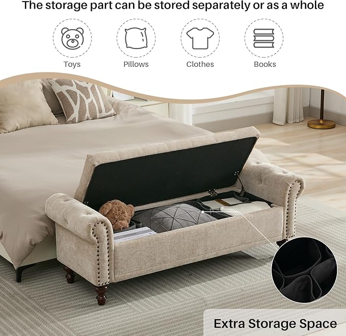 SOFTHION 58.1" Storage Bench Upholstered Chenille End of Bedroom Bed Bench Ottoman with Tufted Cushioned Rolled Arm Large Storage Space for Reading Living Room Entryway, Light Brown