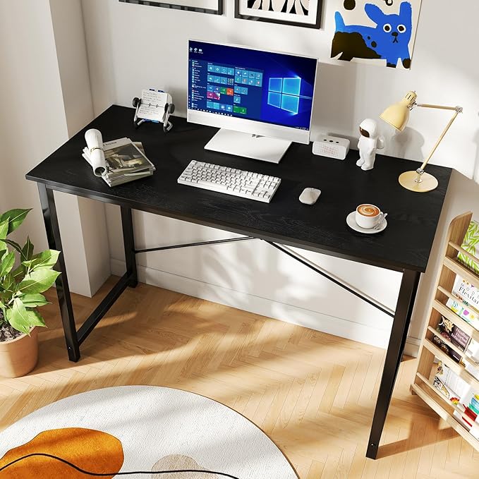 DUMOS 44 in Computer Desk for Home Office, Modern Study Work Table Simple Style for Bedroom, Writing Desks with X-Shaped Reinforcement, Black