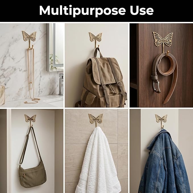 Indian Shelf 33 Lb. Solid Brass Butterfly Wall Hooks - Vintage Gold Decorative Hooks for Coats, Backpacks- Cute Heavy Duty Hangers for Kids Room, Entryway, Kitchen, Mudroom - Pack of 3