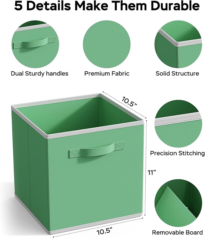 MAX Houser Fabric Cloth Storage Bins,Foldable Storage Cubes Organizer Baskets with Dual Handles for Home Bedroom Storage,Set of 6(Green)