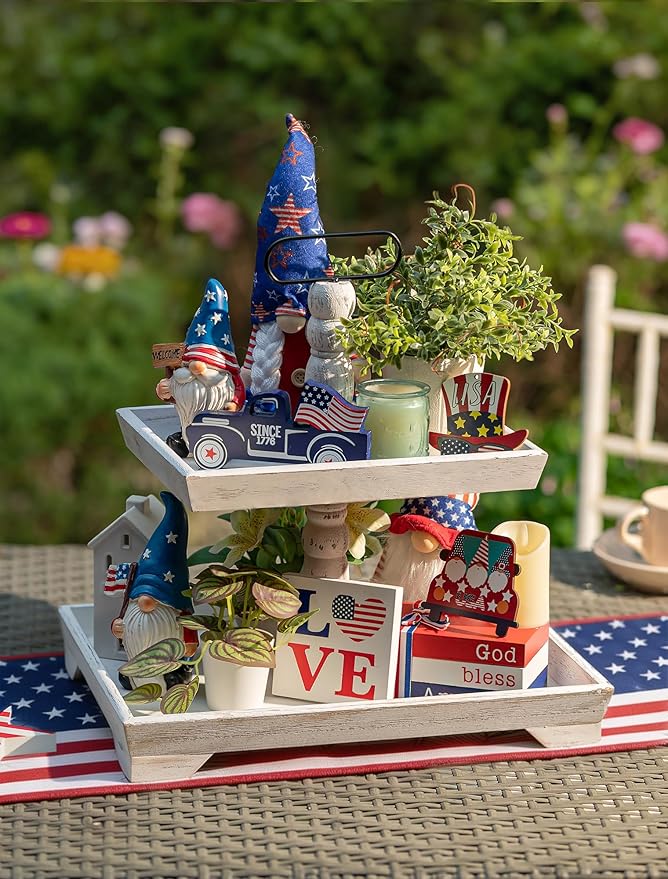 Hanobe Tiered Tray for Table Decor: 4th of July 2 Tier Decorative Tray Stand for Coffee Bar - Large Farmhouse White Display Stands for Holiday - Wood for Kitchen Counter Decorations