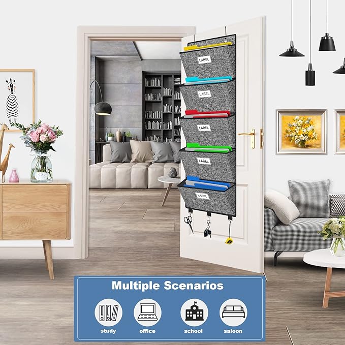 Homyfort Over the Door File Organizer, Hanging Wall File Folders with 5 Large Pockets for Papers, Charts, Mails, Magazine, Office and Back To Supplies Storage and Organization (Black)