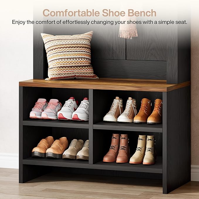 Tribesigns Arched Hall Tree with Bench and Shoe Storage, 70.87" H Tall Coat Rack with Shoe Bench, 4-in-1 Entryway Coat Rack with 4 Hooks & Storage Cubbies, for Mudroom, Hallway, Bedroom, Black＆ Brown