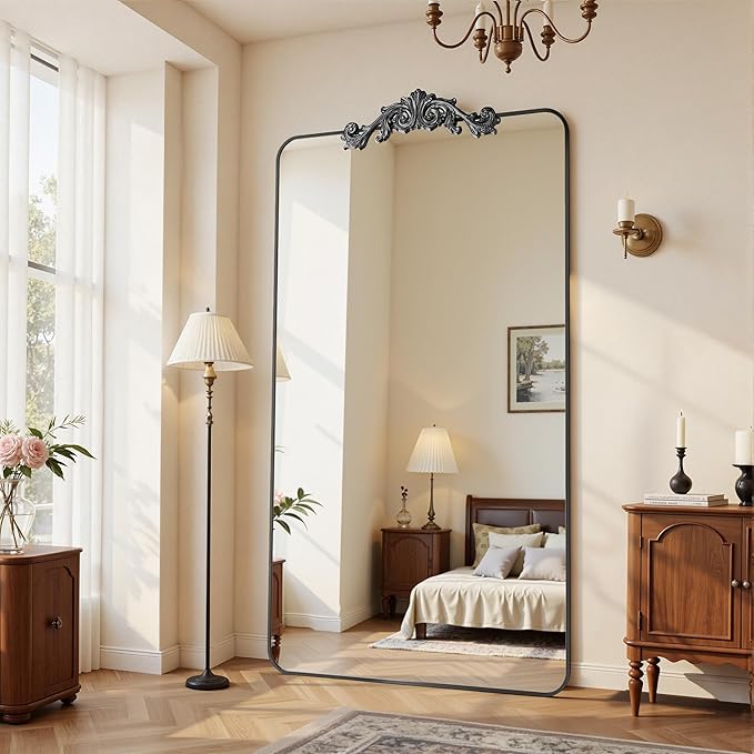 Vintage Full Length Mirror, 81"x41" Floor Mirror with Carved, Full Body Mirrors for Home Decor, Standing/Hanging Large Wall Mirrors for Bedroom/Living Room/Entryway, Black, Retro Style