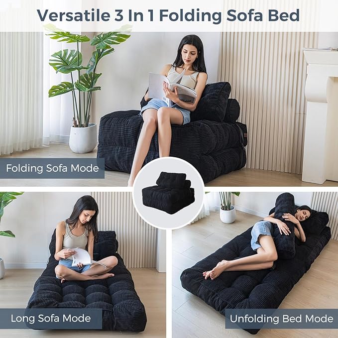 MAXYOYO Folding Sofa Bed, Convertible Chair with Pillow Foldable Couch with Back Support, Portable Fold Out Chair Bed Comfy Floor Sofa Lounge for Living Room Bedroom, Black, Single