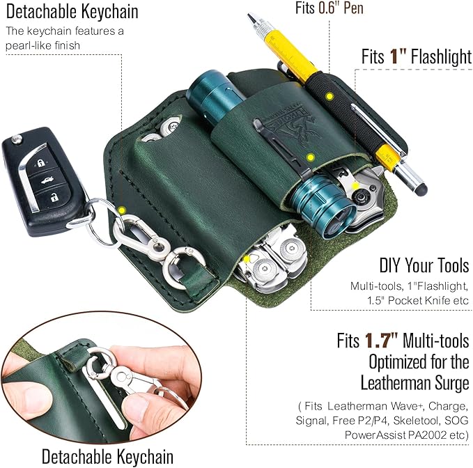 FLYHOMES Genuine Leather Multitool Sheath | Handmade Stitched EDC Belt Organizer for Leatherman Surge | Flashlight, Knife Holster, Pen & Tools Pouch | Dark Green (Large)